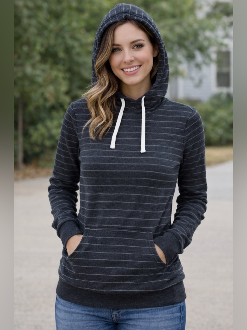 Workshop Striped Charcoal Hooded Pullover Sweatshirt - Women. Various sizes